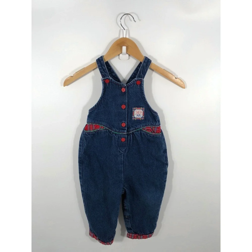 VTG OshKoshBGosh Kids Denim Bubble Overalls 3T Blue Plaid 90s Retro Kidcore USA